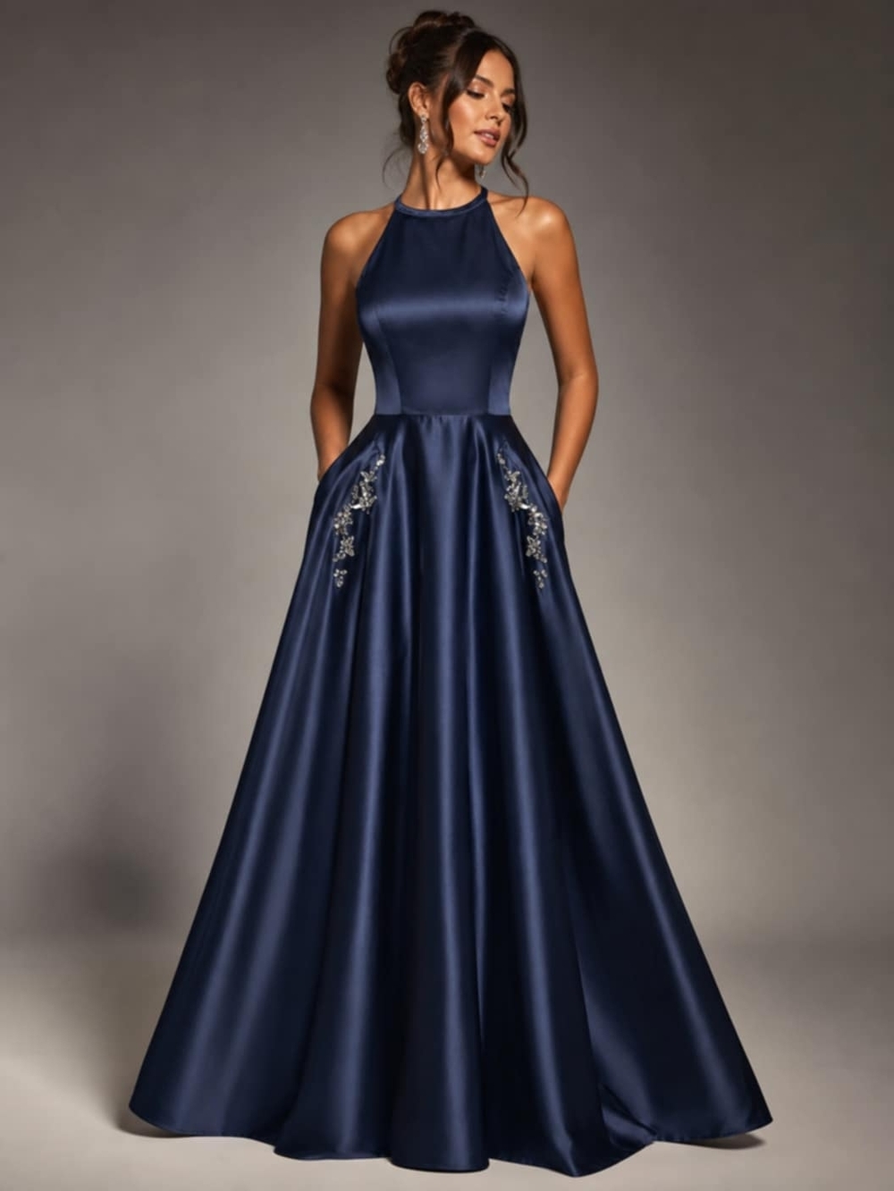 Navy Halter Satin A-Line Evening Dress